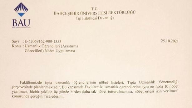 Bahçeşehir Tıp Dekanı da yazıyı imzaladı: Ayda en fazla 10 nöbet 
